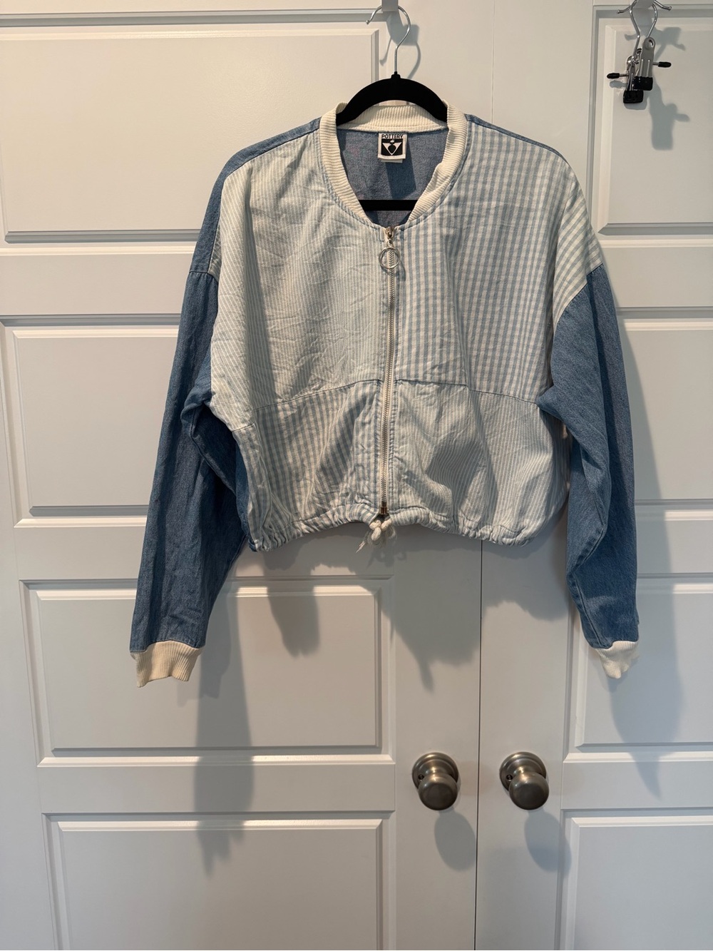 Vintage Pottery cropped patchwork denim bomber jacket Lightweight Medium/Large